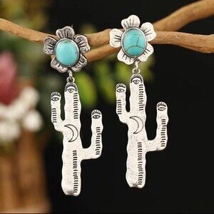 NEW Boho Silver Turquoise Cactus Western Aztec Dangle Costume Earrings Festival